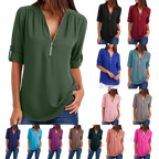 2023ebay European and American shirt V-neck zipper large size women's long sleeves rollable sleeves loose chiffon shirt European and American