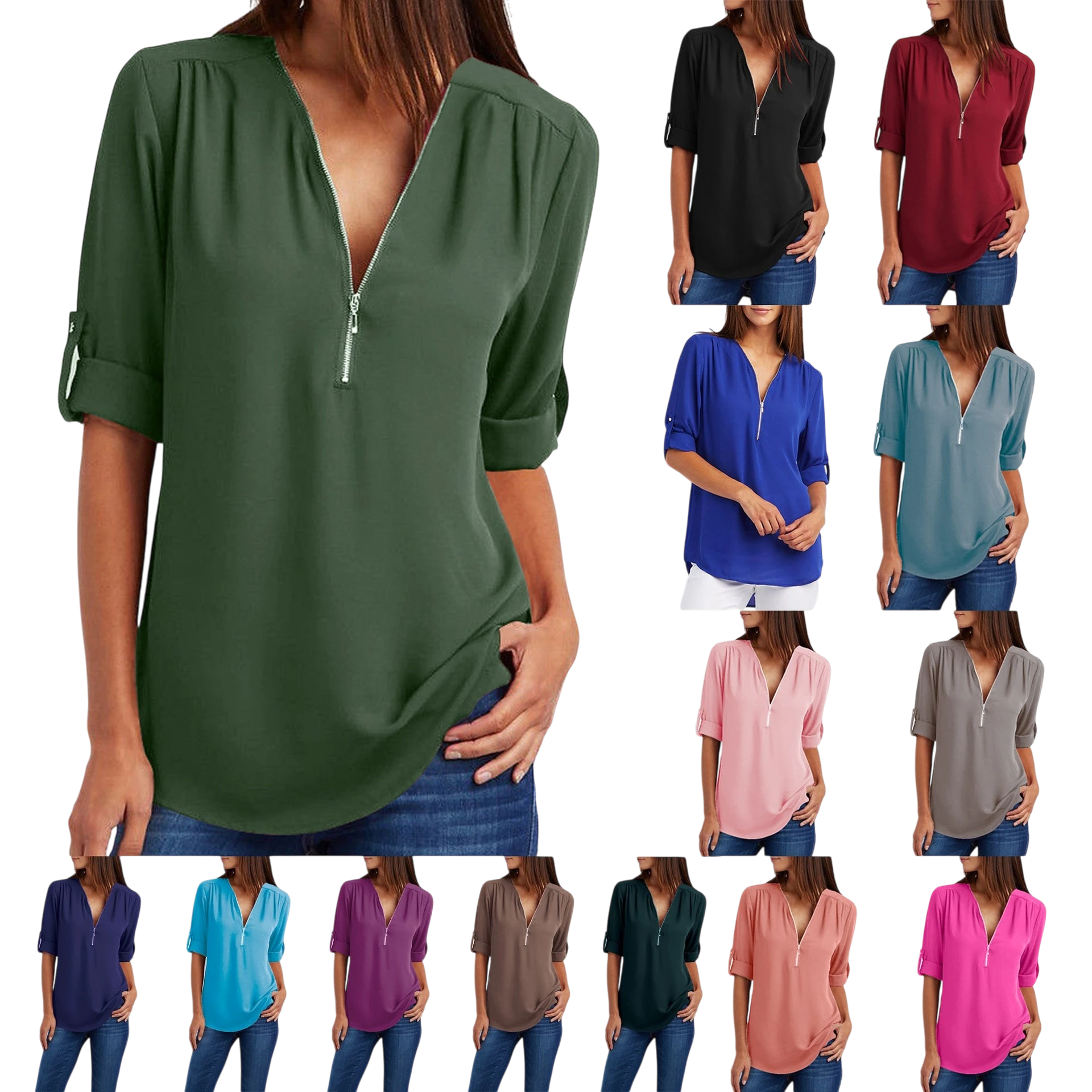 2023ebay European and American shirt V-neck zipper large size women's long sleeves rollable sleeves loose chiffon shirt European and American