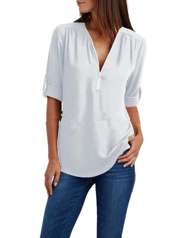 2023ebay European and American shirt V-neck zipper large size women's long sleeves rollable sleeves loose chiffon shirt European and American