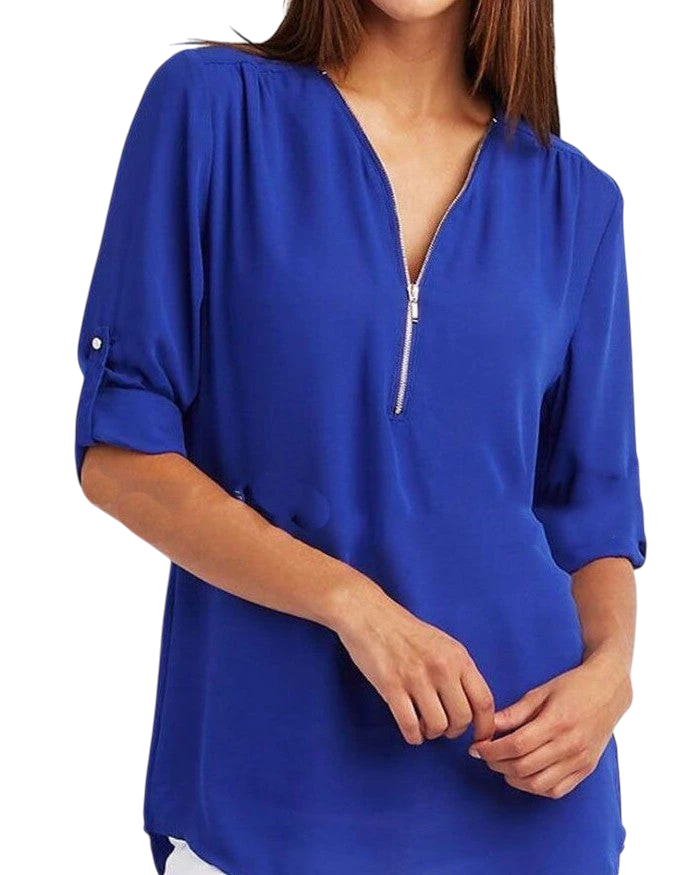 2023ebay European and American shirt V-neck zipper large size women's long sleeves rollable sleeves loose chiffon shirt European and American