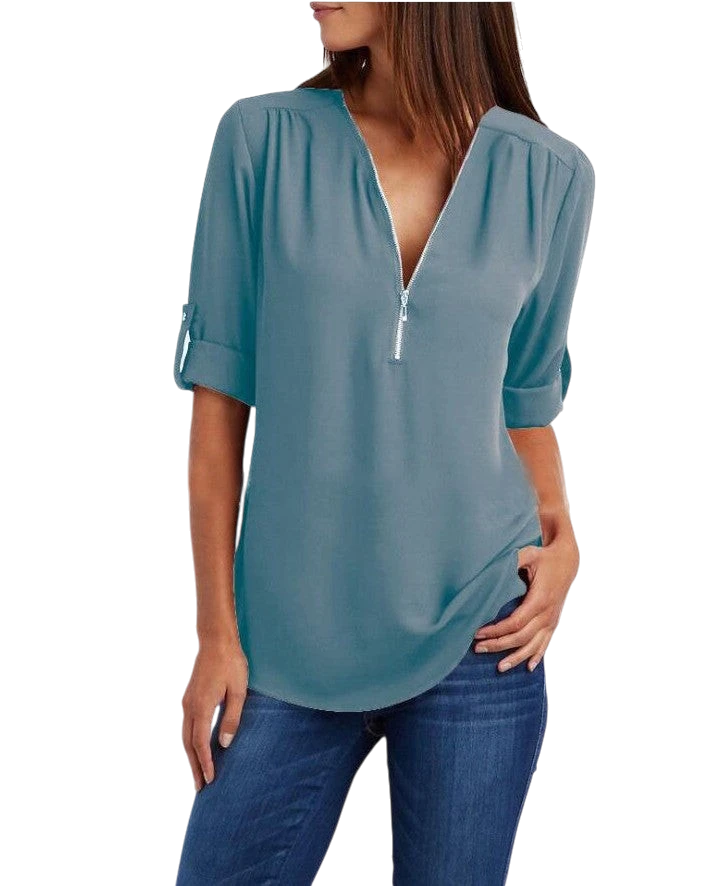 2023ebay European and American shirt V-neck zipper large size women's long sleeves rollable sleeves loose chiffon shirt European and American