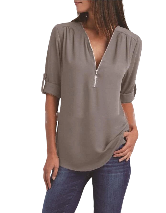 2023ebay European and American shirt V-neck zipper large size women's long sleeves rollable sleeves loose chiffon shirt European and American