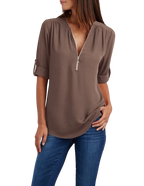 2023ebay European and American shirt V-neck zipper large size women's long sleeves rollable sleeves loose chiffon shirt European and American