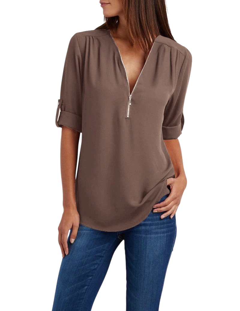 2023ebay European and American shirt V-neck zipper large size women's long sleeves rollable sleeves loose chiffon shirt European and American
