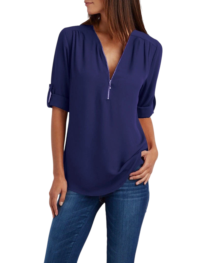 2023ebay European and American shirt V-neck zipper large size women's long sleeves rollable sleeves loose chiffon shirt European and American