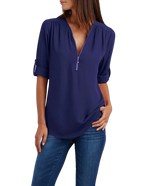 2023ebay European and American shirt V-neck zipper large size women's long sleeves rollable sleeves loose chiffon shirt European and American