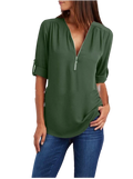 2023ebay European and American shirt V-neck zipper large size women's long sleeves rollable sleeves loose chiffon shirt European and American