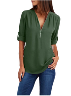 2023ebay European and American shirt V-neck zipper large size women's long sleeves rollable sleeves loose chiffon shirt European and American