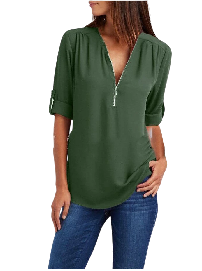 2023ebay European and American shirt V-neck zipper large size women's long sleeves rollable sleeves loose chiffon shirt European and American