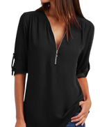 2023ebay European and American shirt V-neck zipper large size women's long sleeves rollable sleeves loose chiffon shirt European and American