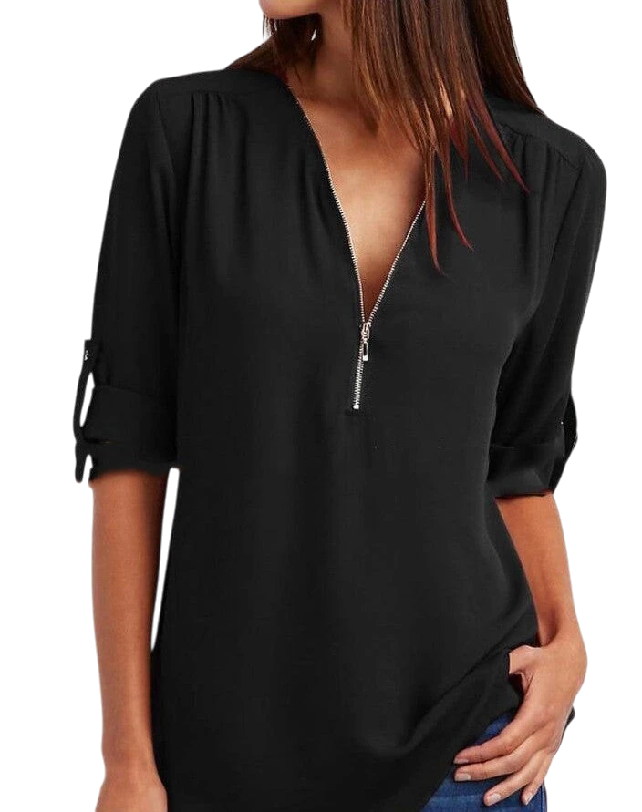 2023ebay European and American shirt V-neck zipper large size women's long sleeves rollable sleeves loose chiffon shirt European and American