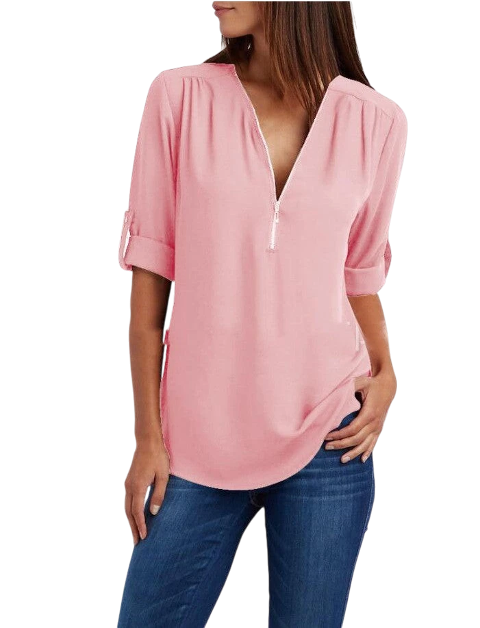 2023ebay European and American shirt V-neck zipper large size women's long sleeves rollable sleeves loose chiffon shirt European and American