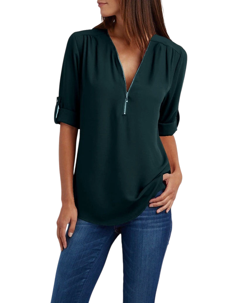 2023ebay European and American shirt V-neck zipper large size women's long sleeves rollable sleeves loose chiffon shirt European and American