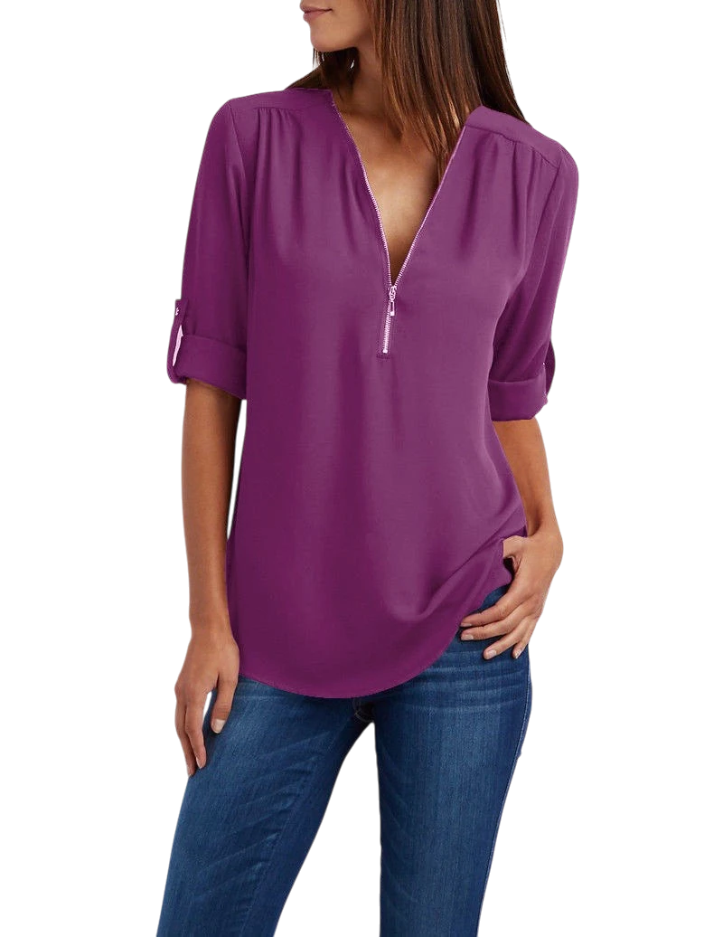 2023ebay European and American shirt V-neck zipper large size women's long sleeves rollable sleeves loose chiffon shirt European and American