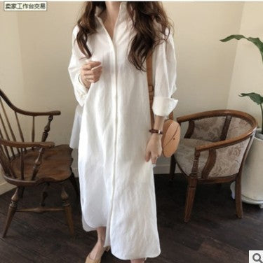 388 Korean Casual Shirt Dress 2025 Spring New Women's Clothing Plus Size Loose Shirt Dress Long Cotton Linen Export