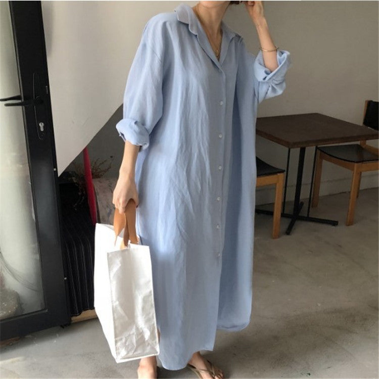 388 Korean Casual Shirt Dress 2025 Spring New Women's Clothing Plus Size Loose Shirt Dress Long Cotton Linen Export