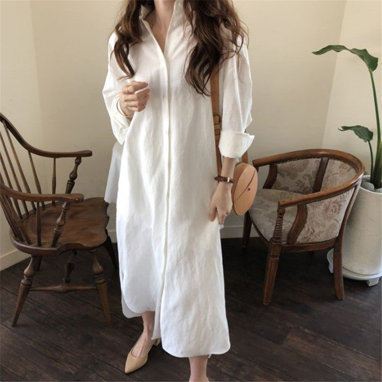 388 Korean Casual Shirt Dress 2025 Spring New Women's Clothing Plus Size Loose Shirt Dress Long Cotton Linen Export