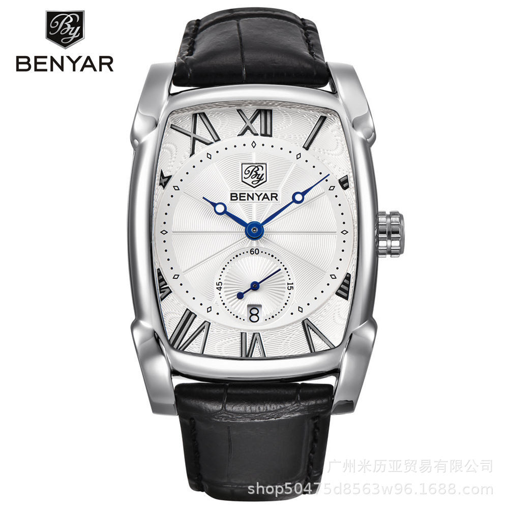 Men's Black Square Dial Quartz Watch - Leather Strap