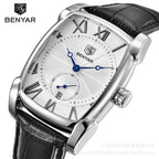 Men's Black Square Dial Quartz Watch - Leather Strap