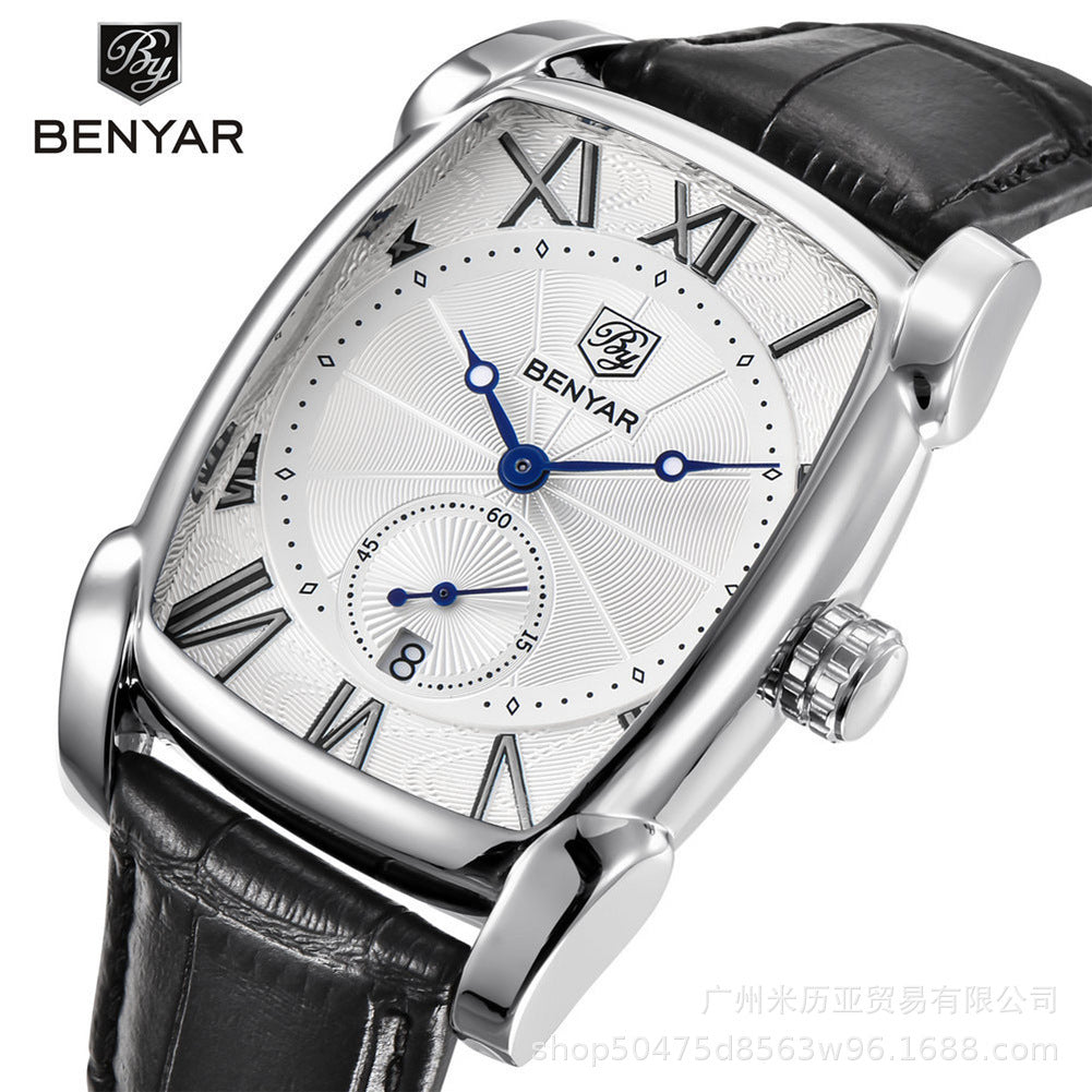 Men's Black Square Dial Quartz Watch - Leather Strap