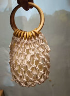 Handmade straw bag, small woven bag with round hollow handle, mesh bag, tote bag, niche brand bag for women, cotton thread, fishing net, hollow design.