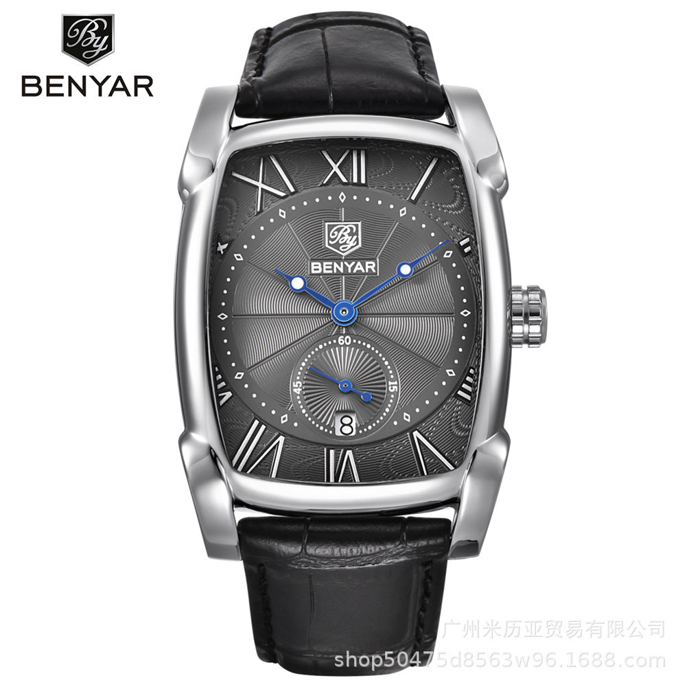 Men's Black Square Dial Quartz Watch - Leather Strap