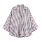 Women's Long Sleeve Single-Button Striped Shirt with Notch Lapel