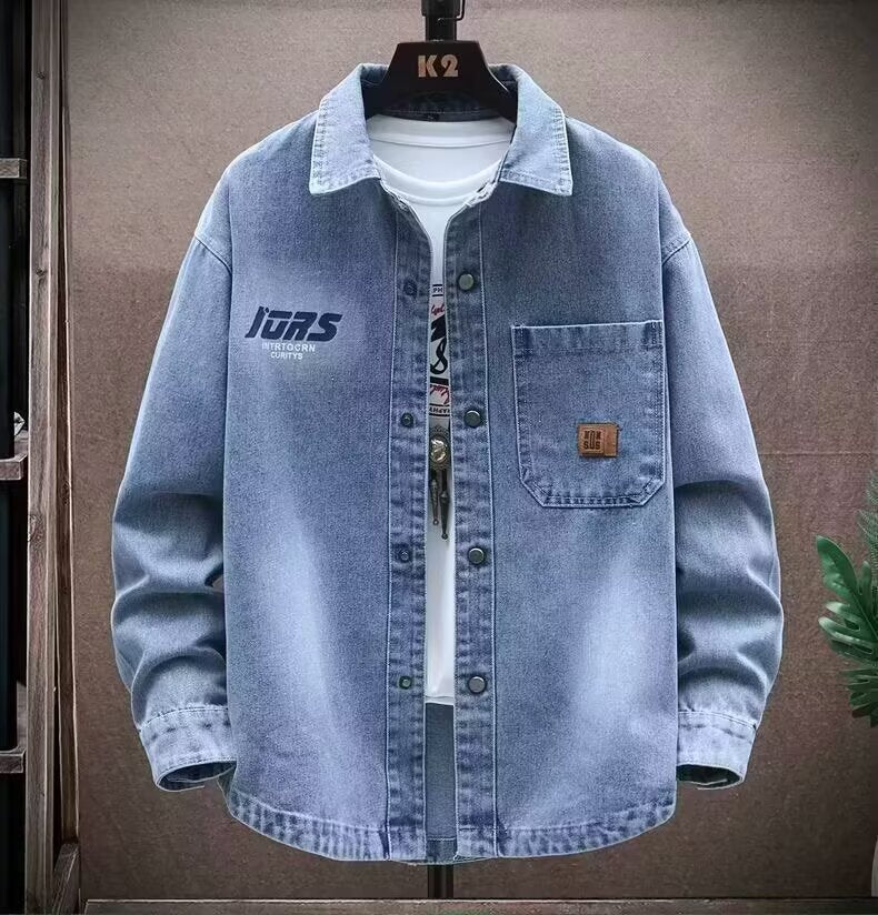 Retro Black Denim Jacket for Men, Street Style Loose Casual Notch Lapel Coat