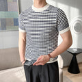 Round neck striped knitted shirt short sleeved T-shirt for men