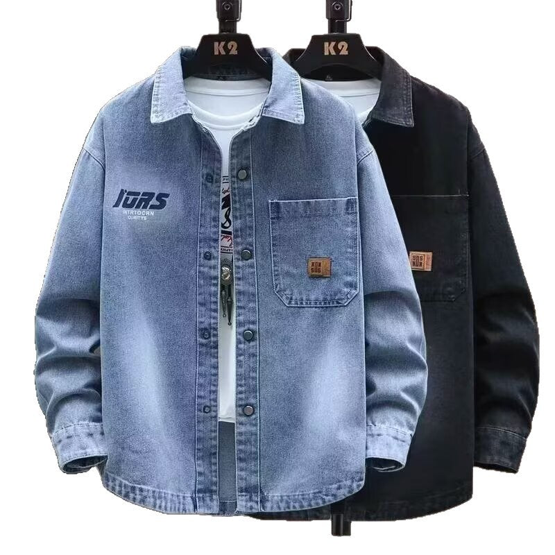 Retro Black Denim Jacket for Men, Street Style Loose Casual Notch Lapel Coat