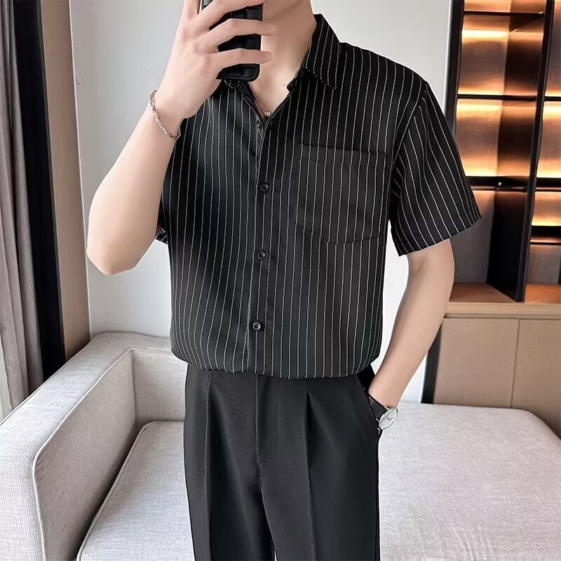 Black striped short sleeved shirt for men in summer