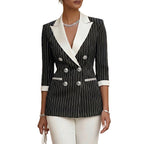 Style Black and White Thin Stripe Color-Blocked Notch Lapel Double-Breasted Three-Quarter Sleeve Suit Jacket for Women