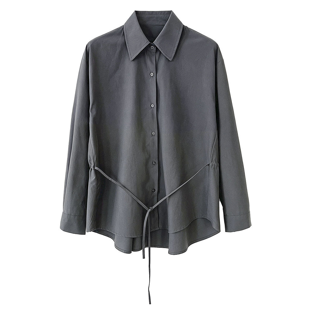 Autumn New Belted Waist Notch Collar Versatile Shirt for Women  Office Casual Simple Top Outerwear