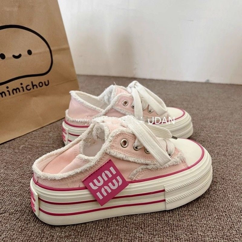 Pink tassel fringed thick soled canvas shoes for women casual and versatile board shoes