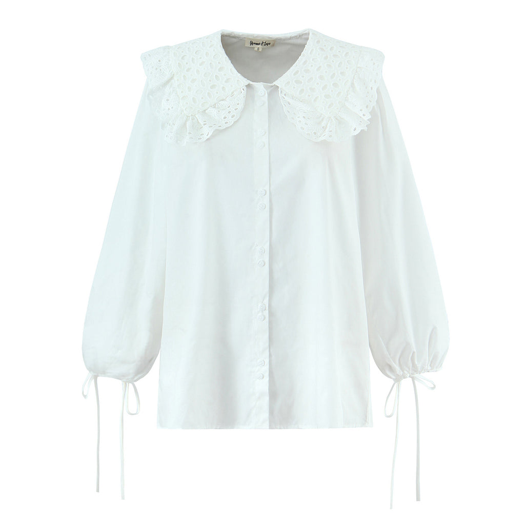 Casual Style Lace Trimmed Notch Lapel White Loose Long Sleeve Single Breasted Shirt