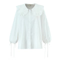 Casual Style Lace Trimmed Notch Lapel White Loose Long Sleeve Single Breasted Shirt