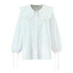 Casual Style Lace Trimmed Notch Lapel White Loose Long Sleeve Single Breasted Shirt