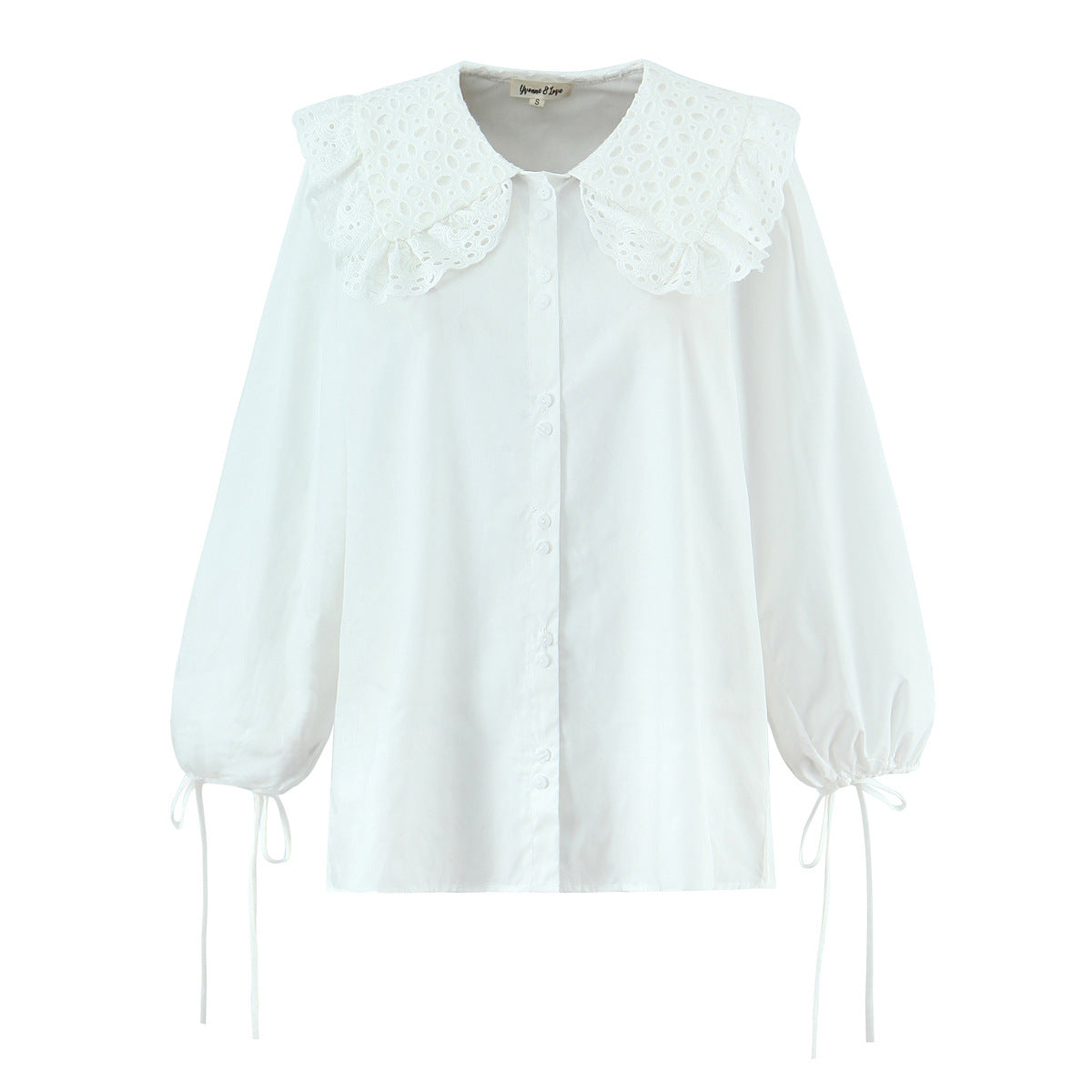 Casual Style Lace Trimmed Notch Lapel White Loose Long Sleeve Single Breasted Shirt