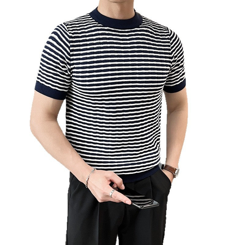 Round neck striped knitted shirt short sleeved T-shirt for men