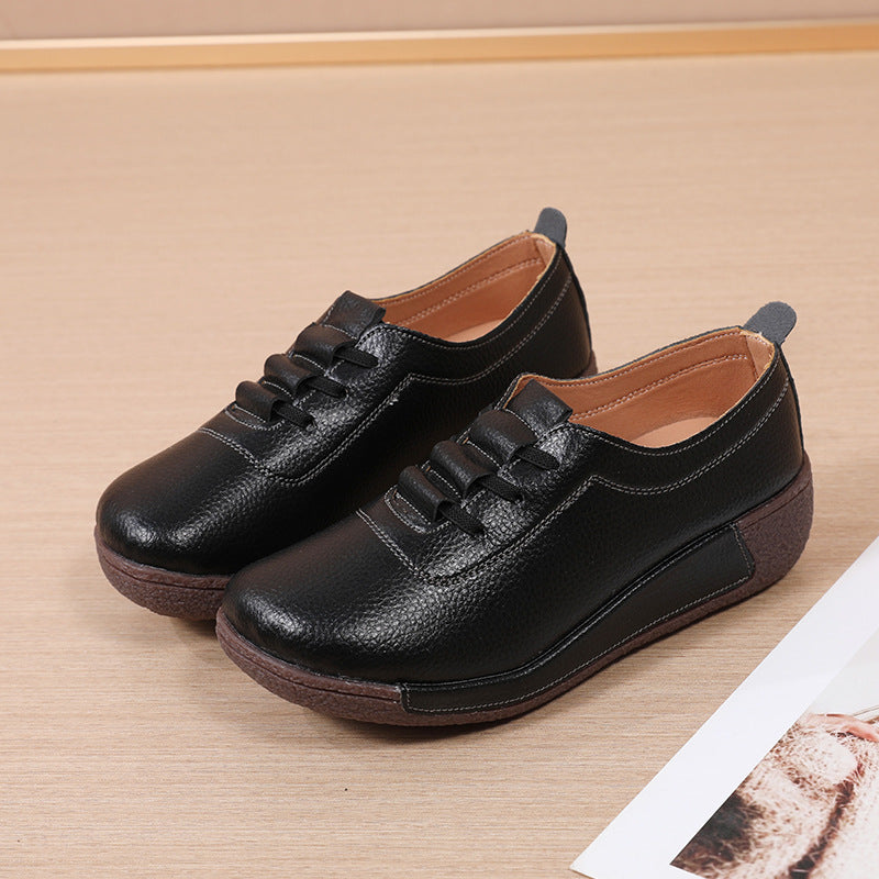 Large Size Sports Shoes for Women, Korean Version Thick Sole Rocking Shoes for Women, Genuine Leather Slip-On Wedge Heel Casual Mother Shoes