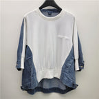 Retro style front short back long irregular patchwork denim design, round neck loose batball sleeve top for women