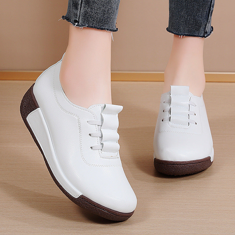 Large Size Sports Shoes for Women, Korean Version Thick Sole Rocking Shoes for Women, Genuine Leather Slip-On Wedge Heel Casual Mother Shoes