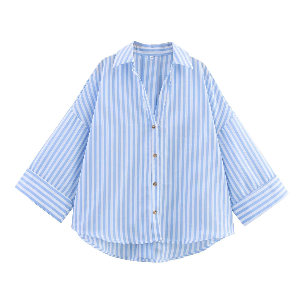 Women's Long Sleeve Single-Button Striped Shirt with Notch Lapel
