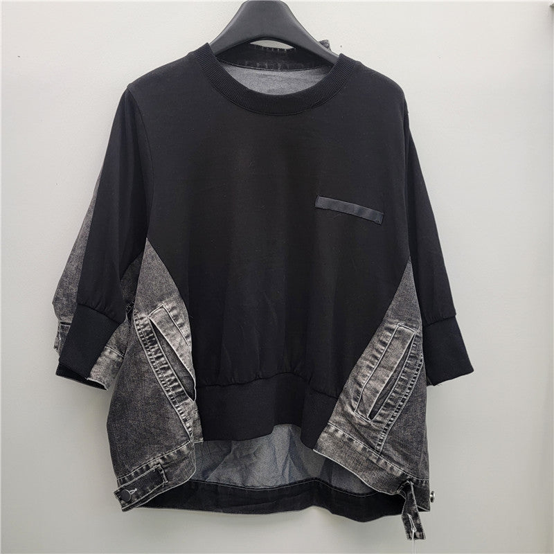 Retro style front short back long irregular patchwork denim design, round neck loose batball sleeve top for women