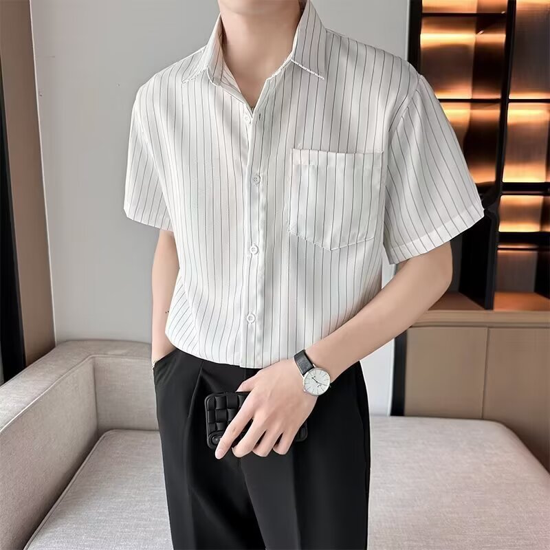 Black striped short sleeved shirt for men in summer