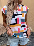 Summer New Geo Print Notch Neck Doll Sleeve V-Neck Pullover Women's Top