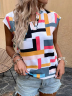 Summer New Geo Print Notch Neck Doll Sleeve V-Neck Pullover Women's Top