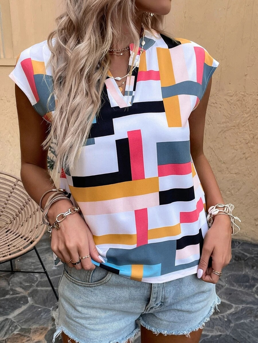 Summer New Geo Print Notch Neck Doll Sleeve V-Neck Pullover Women's Top