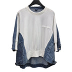 Retro style front short back long irregular patchwork denim design, round neck loose batball sleeve top for women