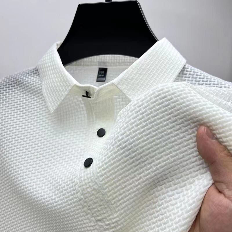 Ice Silk Men's Top Summer Mesh Short Sleeve T-Shirt Collar Color Smooth Material Polo Shirt Half Sleeve Men Breathable